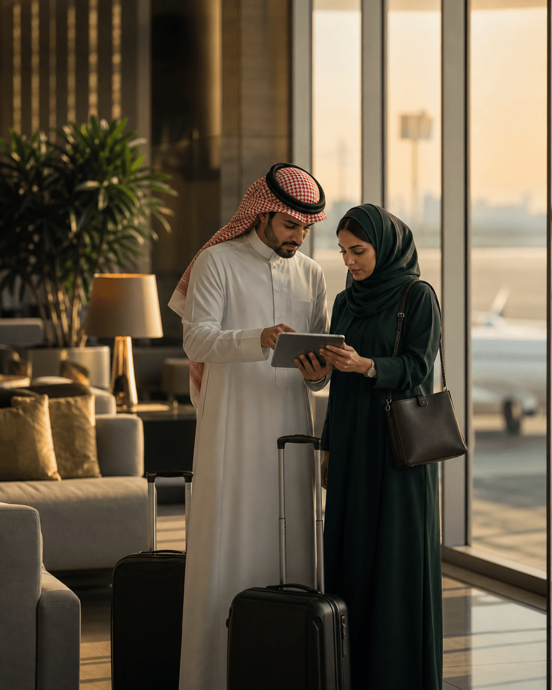 Saudi business travellers reviewing their journey in an airport lounge